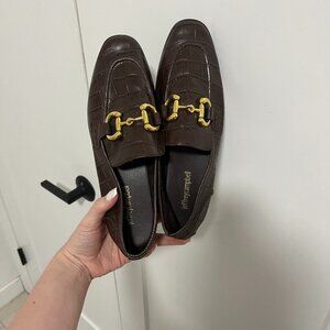 Jeffrey Campbell Dark Brown Croc-Embossed Leather Loafers with Gold Hardware